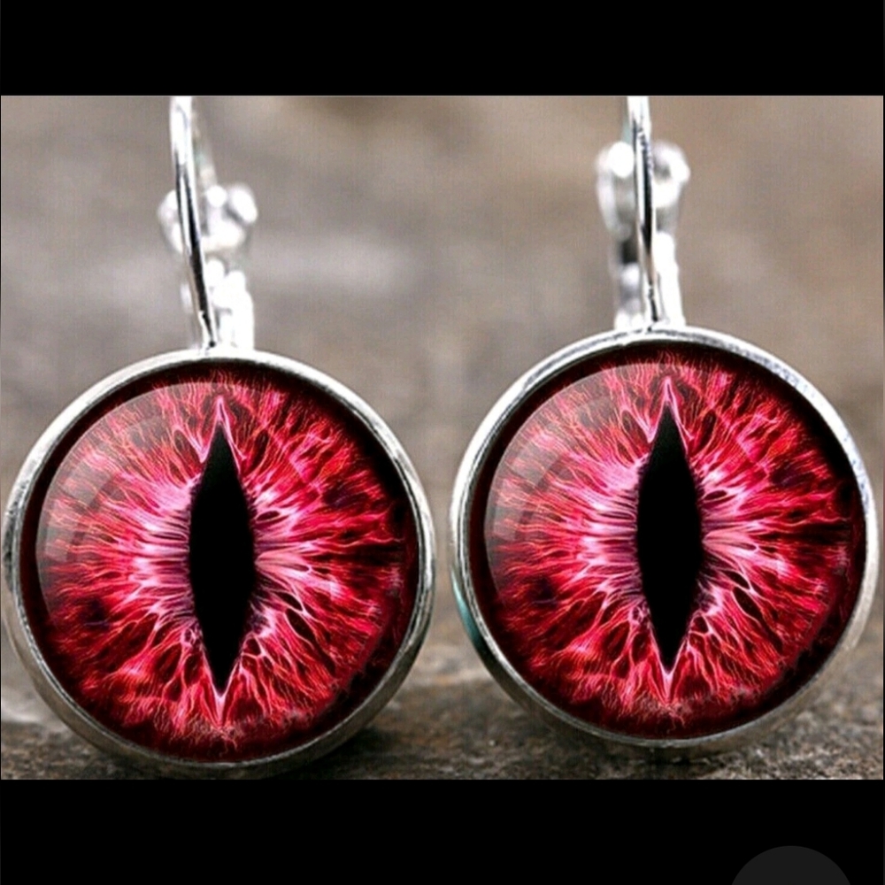 New Pink Dragon Eyes Glass Cabochon Silver Lever Back Earrings.